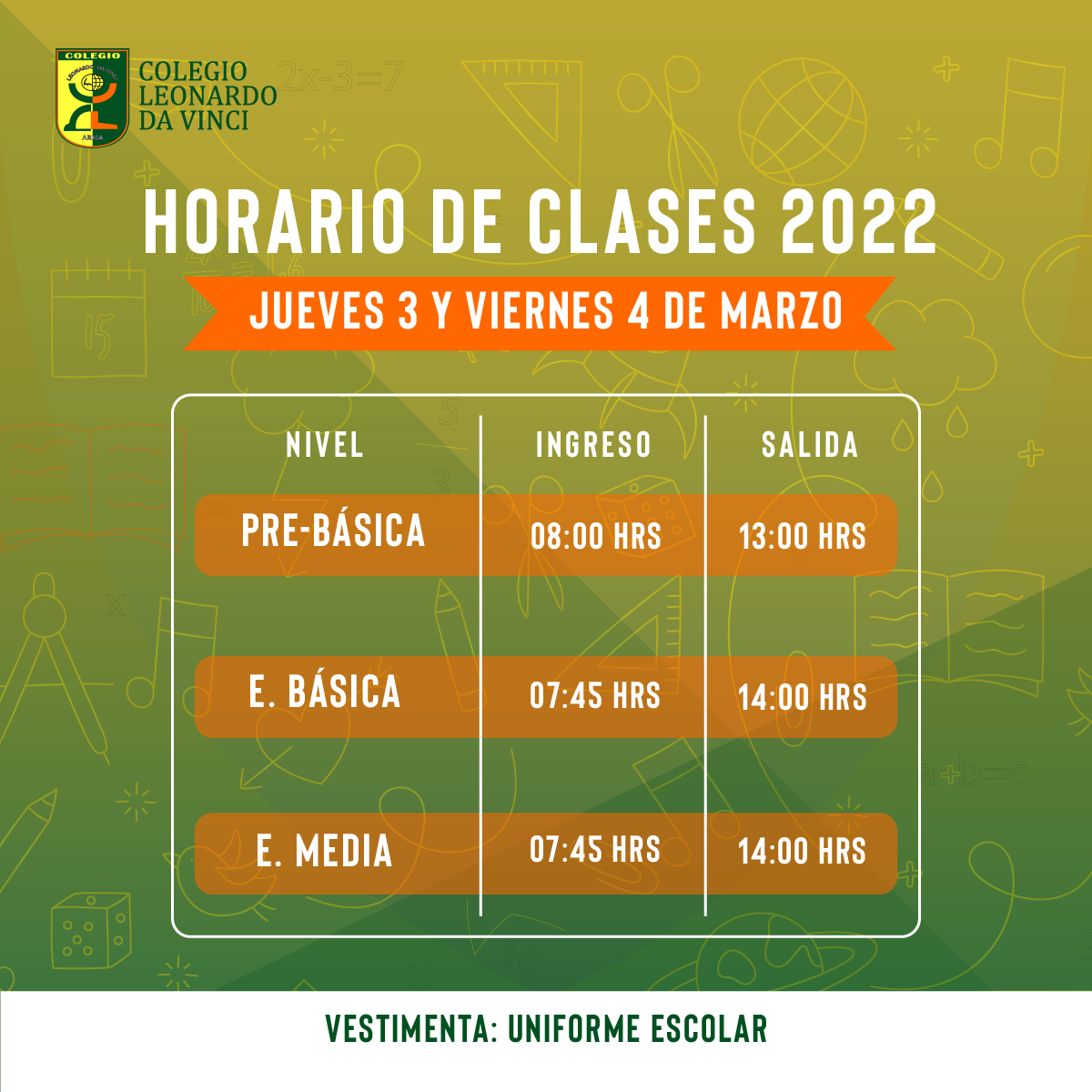 Comunicado horario de clases 2022 primera semana