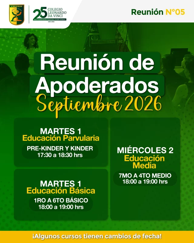 📢 Reuniones de Apoderados – Septiembre

Les recordamos que hoy martes 1 y mañana miércoles 2 de septiembre se realizarán nuestras reuniones de apoderados.

👉 Informamos además que el curso 7°A realizará su reunión el día de hoy.

⏰ Les pedimos asistir con puntualidad y participar de esta importante instancia para acompañar el proceso educativo de nuestros estudiantes. 💚

¡Los esperamos!