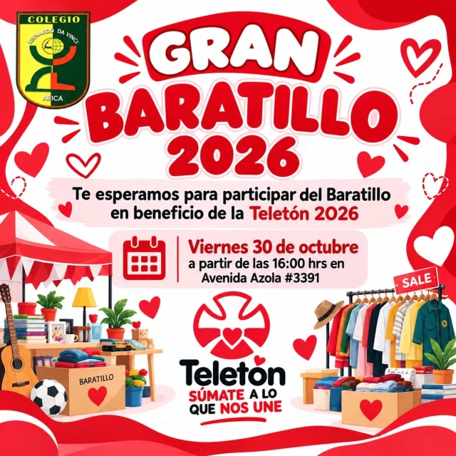 ❤️🎉 ¡GRAN BARATILLO TELETÓN 2026!

¡Nuestra comunidad davincina se une por una gran causa! 🙌 Ven a disfrutar de rica comida, ropa, juguetes, sorpresas y mucho más. 🌭🛍️🎁

📅 Viernes 30 de octubre
🕓 Desde las 16:00 hrs.
📍 Av. Alejandro Azola #3391

❤️ ¡Te esperamos! Cada aporte cuenta. ¡Súmate a lo que nos une!

#Teletón2026 #ColegioLeonardoDaVinci #Arica